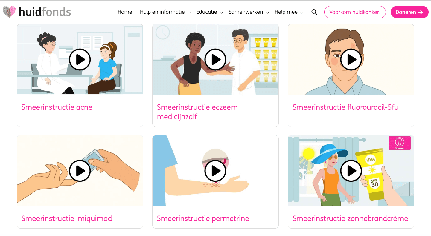 Site du Huidfonds présentant des animations sur l'application des crèmes et des pommades